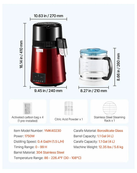 Premium Countertop Water Distiller With Four Liter Capacity And 1750 Watt Powerhouse in bright red with glass carafe and stainless steel tank.