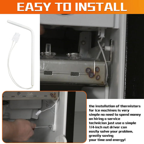 Front view of a white ice maker bin thermistor sensor with connector, compatible with Whirlpool ice makers; 1-pack