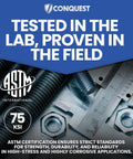 Beefy 316 Stainless Steel Threaded Rod Half Inch Diameter 24 Inch Length Eight Pack With Nuts And Washers UNC Coarse Right Hand Threads For Marine Industrial And Outdoor Use image with ASTM logo and ruler.