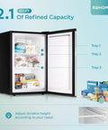 Keep It Frosty with This Dope 2.1 Cu Ft Upright Mini Freezer Rocking a Sleek Stainless Steel Door, opened showing three trays and ice cream.