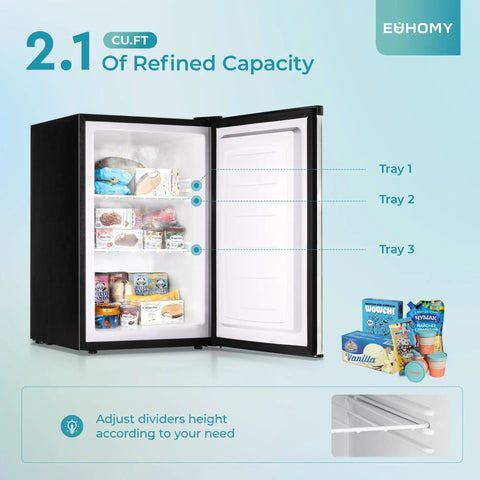 Keep It Frosty with This Dope 2.1 Cu Ft Upright Mini Freezer Rocking a Sleek Stainless Steel Door, opened showing three trays and ice cream.
