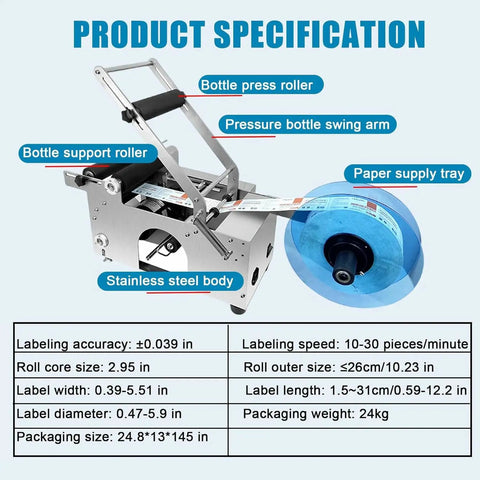 No Sweat Semi Automatic Round Bottle Labeler High Speed Applicator For Cylindrical Containers showing stainless steel body and paper supply tray.
