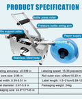 No Sweat Manual Round Bottle Labeling Machine And Adjustable Label Applicator For Small Biz Handles 15 To 30 Labels Per Minute, showing stainless steel body and label specifications.