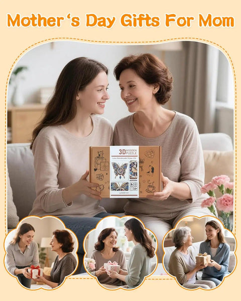 Two women smiling while holding a Butterfly Themed 3D Puzzle Clock Kit With Pendulum Wooden Model for wall decor gift box.