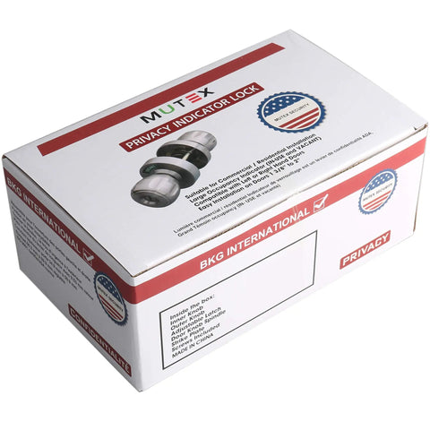 Packaging of Privacy Door Knob Lock With Large Indicator Window, Thumb Turn seen on box design, ANSI Grade 2.