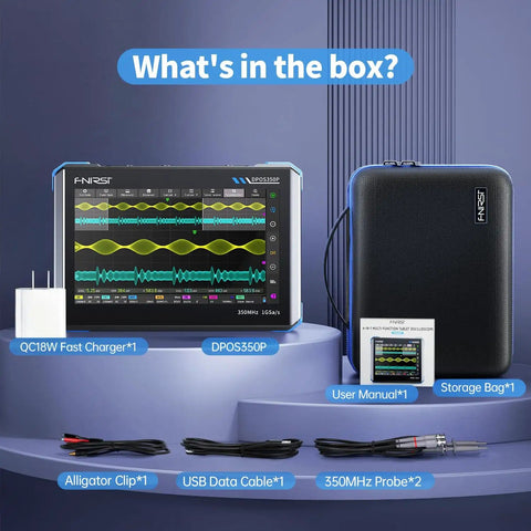 4-in-1 On-The-Go Handheld Oscilloscope With 350 MHz Bandwidth, 7-inch touchscreen, accessories including charger and probes