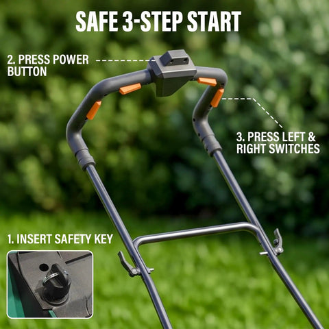40V Cordless Push Lawn Mower With Brushless Motor 17 Inch Deck 5 Position Height Adjustment Low And High Speed Modes At 3300 RPM And 3700 RPM For Smooth Clean Cuts handle with safety key and power switches