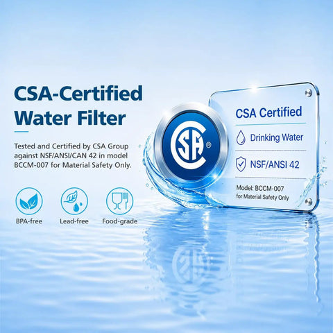 CSA Certified water filter with NSF/ANSI 42 rating for safe drinking water, model BCCM-007, BPA-free and food-grade.