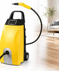 Industrial Steam Cleaner Featuring Adjustable Two Thirty Degree Heat And Seven Heavy Duty Tools That Knock Out Tough Kitchen Grease Auto Grime And Stubborn Household Marks Like Hot Butter, yellow unit with hose.
