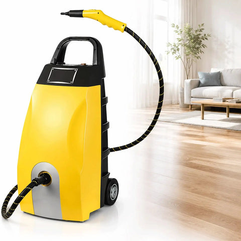Industrial Steam Cleaner Featuring Adjustable Two Thirty Degree Heat And Seven Heavy Duty Tools That Knock Out Tough Kitchen Grease Auto Grime And Stubborn Household Marks Like Hot Butter, yellow unit with hose.