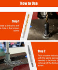 Go To 10 Piece Screw Extractor And Left Hand Drill Bit Set instructions with images showing drill bit and screw extraction steps on metal surface.