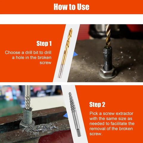 Go To 10 Piece Screw Extractor And Left Hand Drill Bit Set instructions with images showing drill bit and screw extraction steps on metal surface.