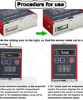 Procedure for using Portable Roughness Tester Handheld Digital Profilometer For Ra Rq Rz Rt 0.05 To 15.0 Micrometers And 0.1 To 50.0 Micrometers With Box Pro Grade Surface Finish Measurement On The Go showing sliding mechanism and display.
