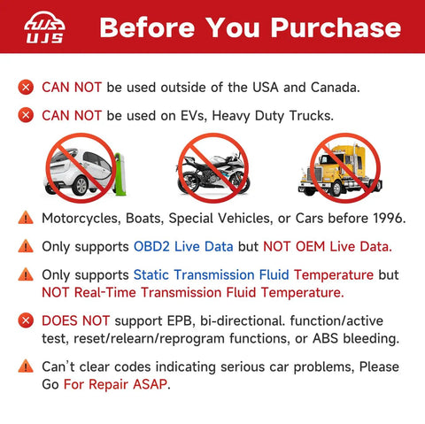 Warning notice for Universal OBD2 Scanner limitations, indicating non-compatibility with motorcycles, boats, and pre-1996 cars.