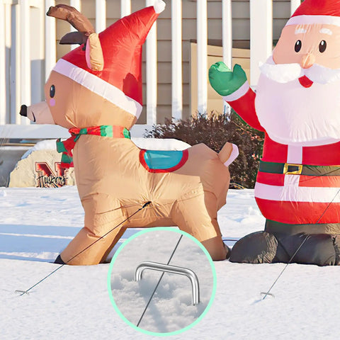 Inflatable Santa and reindeer secured with Heavy Duty 12 Inch Landscape Staples U Shaped Ground Stakes Galvanized 8 Gauge Steel