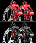 ZOOM HB-100 hydraulic disc brake calipers; front & rear MTB set, red calipers above black calipers with rotors
