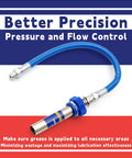 Front view of blue high-pressure grease gun fitting with hose and metal adapters