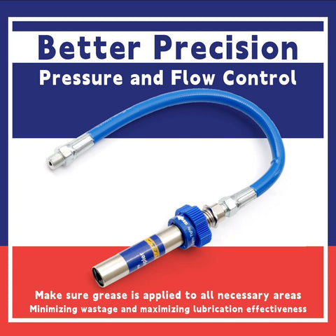 Front view of blue high-pressure grease gun fitting with hose and metal adapters