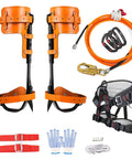 Tree Climbing Spikes With Non Slip Pedals Pro Grade Adjustable Arborist Gear with harness, gloves, and safety straps.
