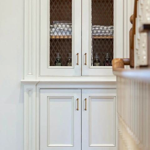 White cabinet with Antique Brass Aluminum Cabinet Handles 2 Pack With 5 Inch Hole Center Drawer Pulls For Kitchen Cabinets