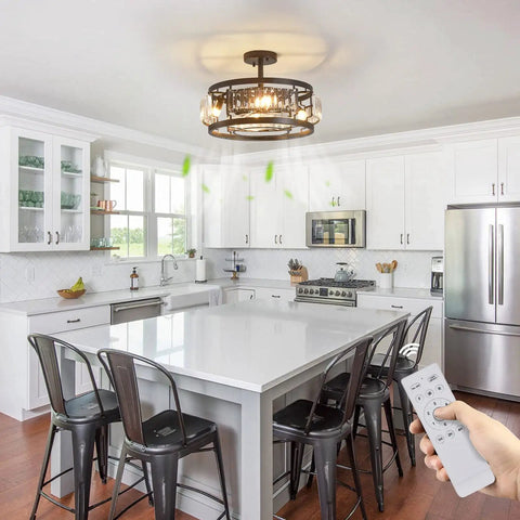 Industrial Crystal Ceiling Fan With Lights, Flush Mount Low Profile Ceiling Fan For Bedroom Kitchen Dining visible in modern kitchen