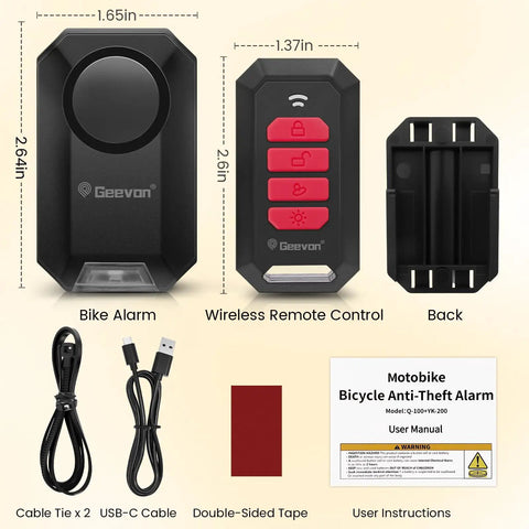 Wireless Bike Alarm With Remote For Your Ride, 135dB Anti Theft Security Alarm For Bikes, Motorcycles And E-Scooters, Waterproof IPX5, Easy Install, Multi Purpose Alarm For Home Door And Window Protection, showing components and accessories
