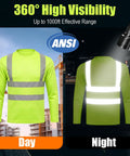 Shop Floor Ready Long Sleeve Hi Vis Safety Shirt With Bold Reflective Strips Class Three Ansi Certified Work Tee in day and night visibility.