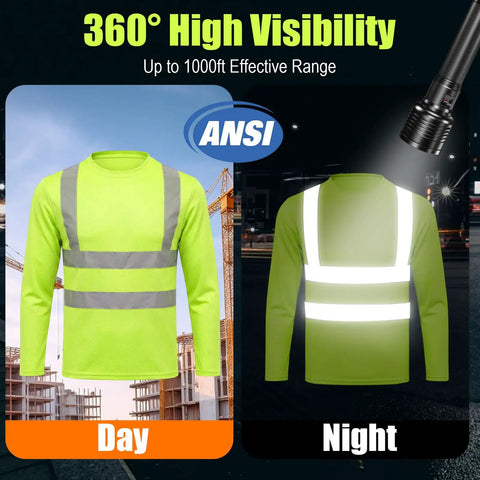 Shop Floor Ready Long Sleeve Hi Vis Safety Shirt With Bold Reflective Strips Class Three Ansi Certified Work Tee in day and night visibility.