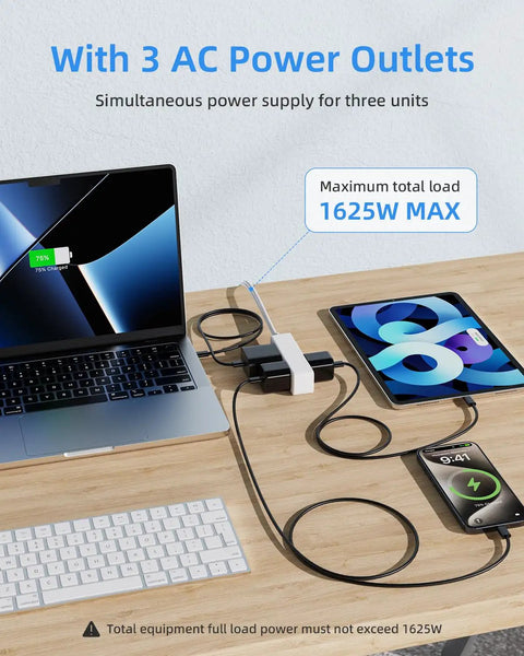 Six Foot Flat Plug Extension Cord With Three Grounded Outlets, Ultra Slim White Power Strip For Tight Corners Behind Tvs And Furniture, Straight Up No Sweat Wall Socket Setup Top Tier connected to devices on a desk.