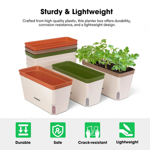 Self Watering Planters 6 Pack 10.5 Inch Rectangular Window Herb Planter Box With 10 Plant Labels Indoor Outdoor No Fuss Plant Container For Basil Flowers Succulents Two Layer Self Watering System Easy Moisture Control