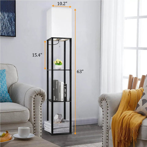 Cool Modern Floor Lamp With Shelves And Three Color LED Bulbs, Sturdy Wood Frame Floor Lamp for Living Room Bedroom Office, 63 inches high