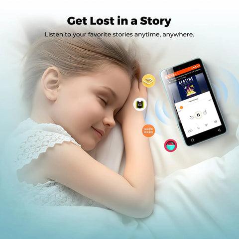 Child sleeping next to 160GB Bluetooth WiFi MP3 Player For Kids With 4.0 Inch Touch Screen Android Music Player And Speaker No Phone Needed.