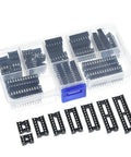 Heavy Duty 66 Piece DIP IC Socket Adaptor Kit With Solder Type Connectors For 6 8 14 16 18 20 24 And 28 Pins Perfect For Your Electronics Repair And DIY Projects Today, assorted black DIP IC sockets in organizer case