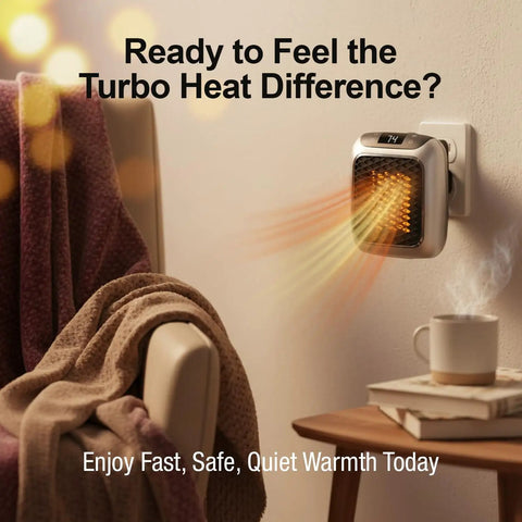 Compact Plug In Wall Outlet Space Heater Drops Kickin Turbo Heat For Spaces Up To Two Hundred Fifty Sq Ft in cozy setting with mug.