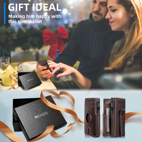 Airtag Wallet For Men With Money Clip And 10 Card Capacity displayed with gift box, perfect gift for men