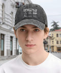Funny RV Caravan Lover Travel Cap Lightweight Soft Cotton Baseball Hat on person in urban setting