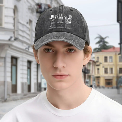 Funny RV Caravan Lover Travel Cap Lightweight Soft Cotton Baseball Hat on person in urban setting
