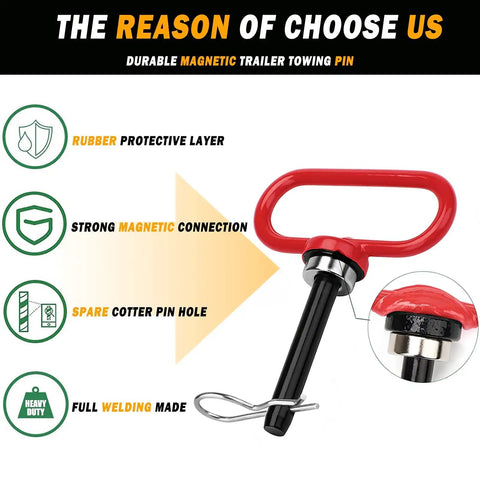 Magnetic Hitch Pin For Trailers And Mowers One Half Inch Heavy Duty Gate Pin With Strong Magnet For Lawn Tractors ATVs And Cargo Towing Simple One Handed Hook On Off Red with red handle and cotter pin.