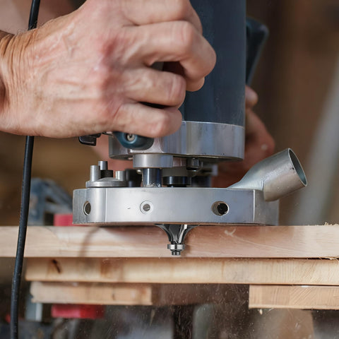 Carpenter using router with 15 Piece Router Bit Set One Quarter Inch Shank Tungsten Carbide Woodworking Bits for precise cuts.