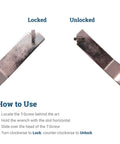 Hella Durable T Head Security Wrench For Picture Frame Installation With Tough Steel Build Perfect For Hotels Galleries And Quick Diy Fixes Anyone Can Crush Today, showing locked and unlocked positions.