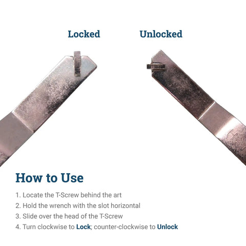 Hella Durable T Head Security Wrench For Picture Frame Installation With Tough Steel Build Perfect For Hotels Galleries And Quick Diy Fixes Anyone Can Crush Today, showing locked and unlocked positions.