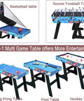 Four Foot All In One Game Table With Pool Billiards Air Hockey Soccer Foosball Table Tennis And Basketball Slam Dunk Station in action.