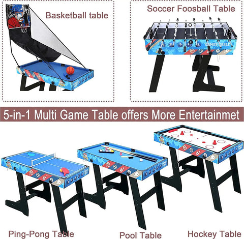 Four Foot All In One Game Table With Pool Billiards Air Hockey Soccer Foosball Table Tennis And Basketball Slam Dunk Station in action.