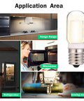 Light Bulbs For Microwave Range Hood And Stove Replacement Pack Of 2 3W 360Lm Dimmable 5000K Daylight E17 Intermediate Base Incandescent Equivalent For Refrigerator Under Range Hood shown next to various appliance applications including stove, microwave, refrigerator, and sewing machine.