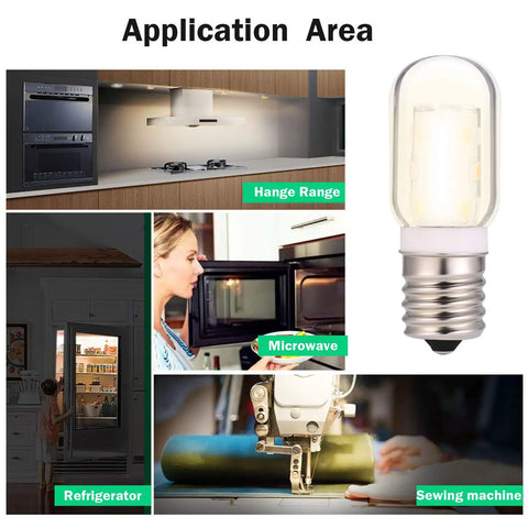 Light Bulbs For Microwave Range Hood And Stove Replacement Pack Of 2 3W 360Lm Dimmable 5000K Daylight E17 Intermediate Base Incandescent Equivalent For Refrigerator Under Range Hood shown next to various appliance applications including stove, microwave, refrigerator, and sewing machine.