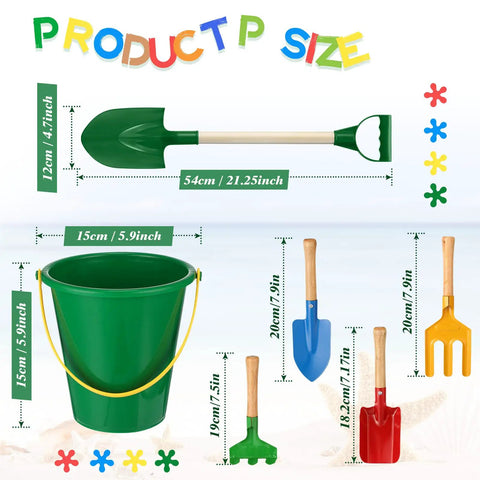 12 Piece Kids Beach Toy Set With Colorful Buckets Shovels Rakes Forks Trowels And Wooden Handle Garden Tools For Sand Water Play