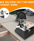 2 In 1 Portable Band Saw Stand With Alloy Steel Construction for Vertical and Horizontal Cutting, shown with quick clamp system.