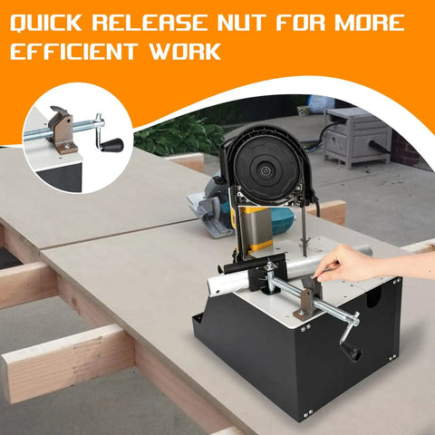 2 In 1 Portable Band Saw Stand With Alloy Steel Construction for Vertical and Horizontal Cutting, shown with quick clamp system.