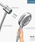 Quattro Handheld Shower System With Four Modes Relieve Soothe Clarify Cleanse Magnetix Dock Chrome Finish shown in hand