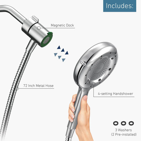 Quattro Handheld Shower System With Four Modes Relieve Soothe Clarify Cleanse Magnetix Dock Chrome Finish shown in hand
